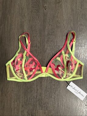For Love And Lemons Neon Green & Hot Pink Sheer Embroidered Underwire Bra